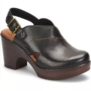 boc Black Leather Slingback Clog with Wood-Look Heel